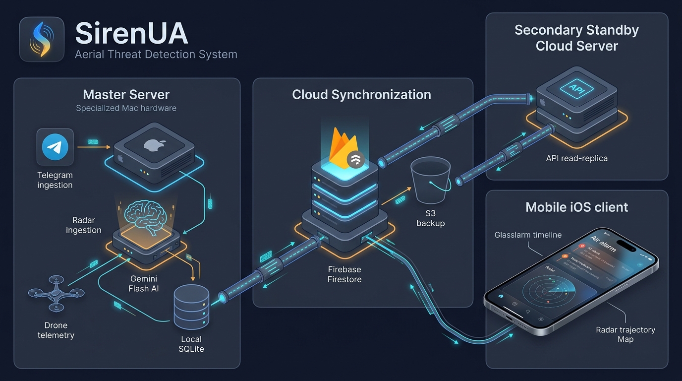 Інфографіка архітектури системи SirenUA: Master Mac Server, Cloud Synchronization, Standby Replica, iOS Client